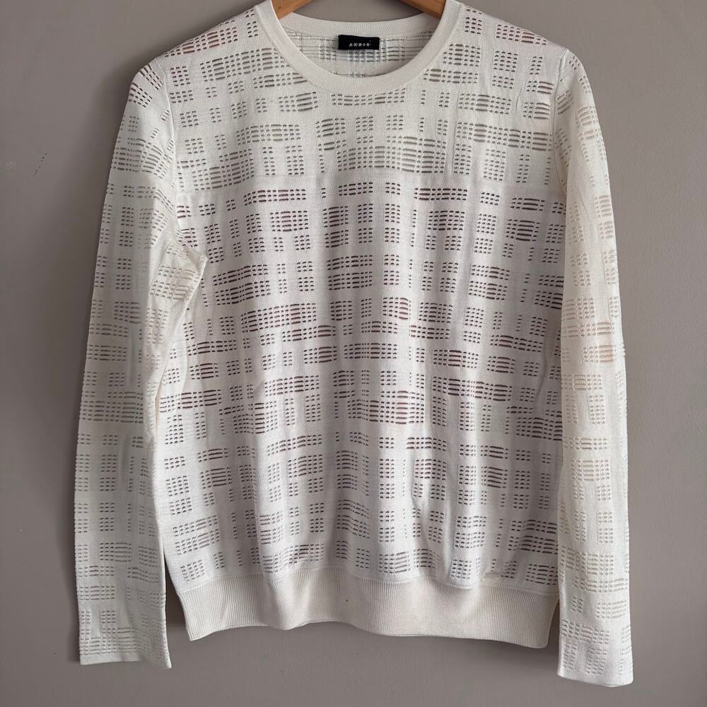 AKRIS Cream Silk Open Knit Perforated Textured Crewneck Sweater Size 12